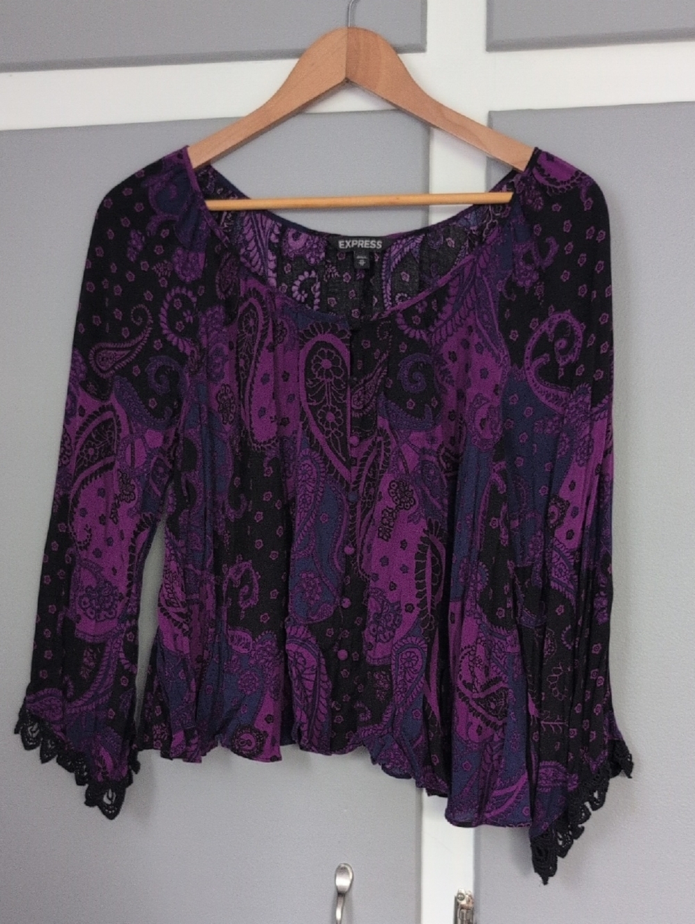 Express Purple Paisley Lace-Trim Blouse